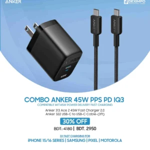 Anker 313 Combo 45W Fast Charger 2.0 for Samsung also PPS/PD/IQ3 Support Black